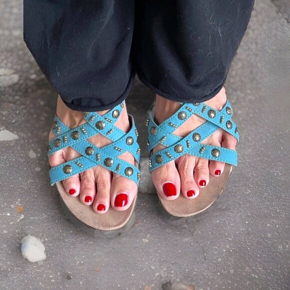Womens Sandals size 9.5 Blue Embellished Strappy Easy Spirit Western Velcro Shoe - Picture 3 of 11